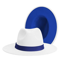 Load image into Gallery viewer, Classic Wide Brim Fedora Hat Men Women Two Colors Fedora Hats Cowboy Hat White Blue Belt Beautiful Design Soft Unisex Party Formal Hat 56-58CM
