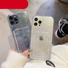 Load image into Gallery viewer, Clear Holographic Love Heart Pattern Cute Case with Card Holder Love Gradient Transparent Soft Case For iPhone 14 13 11 12 Pro Max Mini  X XS XR 7 8 Plus Wallet Card Holder Cover

