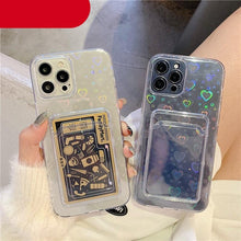 Load image into Gallery viewer, Clear Holographic Love Heart Pattern Cute Case with Card Holder Love Gradient Transparent Soft Case For iPhone 14 13 11 12 Pro Max Mini  X XS XR 7 8 Plus Wallet Card Holder Cover
