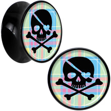 Load image into Gallery viewer, Black Acrylic Pink Green Plaid Heart Skull Saddle Plug Set 5/8
