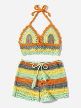 Load image into Gallery viewer, Crochet Bikini Sets Multi Color Knitted Rainbow Striped Off Shoulder Top Bottom Bikini Women's Crochet Striped Lace Up  Shorts Bikini Set 2 PCS Knit Bathing Suit Swimsuit Beachwear Bathing Suit Women Swimsuit
