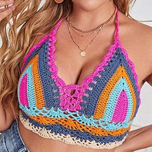 Load image into Gallery viewer, Crochet Bikini Sets Multi Color Knitted Rainbow Striped Off Shoulder Top Bottom Bikini Women's Crochet Striped Lace Up  Shorts Bikini Set 2 PCS Knit Bathing Suit Swimsuit Beachwear Bathing Suit Women Swimsuit
