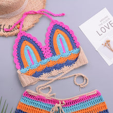 Load image into Gallery viewer, Crochet Bikini Sets Multi Color Knitted Rainbow Striped Off Shoulder Top Bottom Bikini Women's Crochet Striped Lace Up  Shorts Bikini Set 2 PCS Knit Bathing Suit Swimsuit Beachwear Bathing Suit Women Swimsuit
