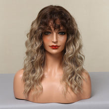 Load image into Gallery viewer, Curly Synthetic Wigs for White Women Medium Length Ombre Brown Blonde Wigs with Bangs High Temperature Cosplay Hair Wigs For Black Women Halloween Party
