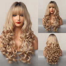 Load image into Gallery viewer, Curly Synthetic Wigs for White Women Medium Length Ombre Brown Blonde Wigs with Bangs High Temperature Cosplay Hair Wigs For Black Women Halloween Party
