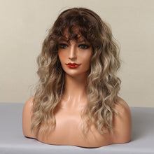 Load image into Gallery viewer, Curly Synthetic Wigs for White Women Medium Length Ombre Brown Blonde Wigs with Bangs High Temperature Cosplay Hair Wigs For Black Women Halloween Party
