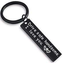Load image into Gallery viewer, Cute Black Stainless Steel Charm Couple Drive Safe Keychain Gift for Boyfriend &amp; Girlfriend
