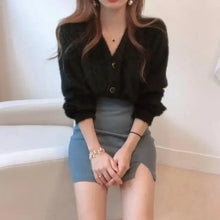 Load image into Gallery viewer, Cute Kitty Chic Fashionable V-Neck Single Breasted Mink Short Knitted Sweaters Outerwear For Women Autumn Long Sleeve Sweater Coat
