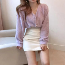 Load image into Gallery viewer, Cute Kitty Chic Fashionable V-Neck Single Breasted Mink Short Knitted Sweaters Outerwear For Women Autumn Long Sleeve Sweater Coat
