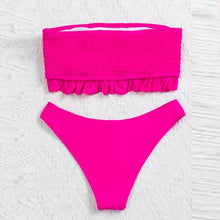 Load image into Gallery viewer, Cute Pink Strapless Lace Solid Swimsuit Bikini Two Piece Metal Wire Women Swimwear Women's High Cut Bikini Set Strapless 2 Pieces Bathing Suit Swimsuit Push Up Summer Beachwear Bathing Suit

