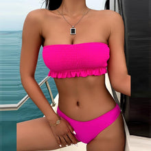 Load image into Gallery viewer, Cute Pink Strapless Lace Solid Swimsuit Bikini Two Piece Metal Wire Women Swimwear Women's High Cut Bikini Set Strapless 2 Pieces Bathing Suit Swimsuit Push Up Summer Beachwear Bathing Suit

