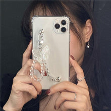 Load image into Gallery viewer, Cute Wrist Strap Butterfly Pendant Phone Case For iPhone 13 12 14Pro Max 8 7 Plus Cases For iPhone 11 Pro Max Elegant Butterfly Theme Transparent Soft Silicone Rubber Phone Case for iPhone
