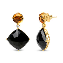 Load image into Gallery viewer, 18K Yellow Gold 1/5 Cttw Diamond with Round Yellow Citrine and Cushion Cut Black Onyx Gemstone Dangle Earring (G-H Color, SI1-SI2 Clarity)
