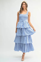 Load image into Gallery viewer, Pin Stripe Smocked Bodice Layered Midi Dress – Smocked Bodice Dress, Fluttering Pinstripe Midi Dress, Layered Midi Dress, Trendy Midi Dress, Flattering Pinstripe Dress
