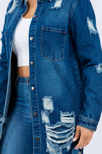 Load image into Gallery viewer, American Dark Blue Bazi Distressed Button Up Long Sleeve Jacket Trendy Buttoned Jacket with Distressed Finish for Women
