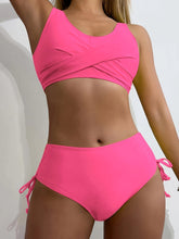 Load image into Gallery viewer, Bikini Twist Front V Neck High Waist 2 Piece Bikini Set for Women – Stretchy Tie Back Swimsuit with Drawstring Lace Up and Comfortable Fit – Trendy Solid Color Swimwear for Beach Days Pool Parties and Summer Vacations
