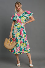 Load image into Gallery viewer, Colorful Full Size Floral Print Puff Sleeve Midi Dress Plus Size Elegant &amp; Feminine Romantic Long Dress
