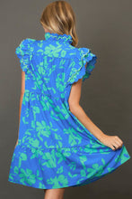 Load image into Gallery viewer, Blue Full Size Two-Tone Floral Print Ruffle Cap Sleeve Mini Dress Plus Size Elegant Dress
