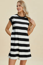 Load image into Gallery viewer, Full Size Striped Round Neck Cap Sleeve Mini Dress For Women – Striped Mini Dress, Full-Size Round Neck Dress, Comfortable Cap Sleeve Dress, Chic Striped Dress, Flattering Mini Dress, Casual Everyday Dress, Versatile Striped Dress
