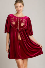 Load image into Gallery viewer, Embroidered Half Sleeve Velvet Mini Dress with Tassel For Women – Luxurious Velvet Dress, Embroidered Tassel Mini Dress, Elegant Party Dress
