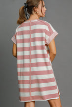 Load image into Gallery viewer, Peace Applique Striped Short Sleeve Mini Dress – Trendy Stripes, Playful Peace Applique, and High-Low Hem for a Chic Casual Look
