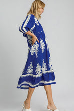 Load image into Gallery viewer, Royal Blue Printed Notched Midi Dress Elegant &amp; Timeless Dress For Every Occasion
