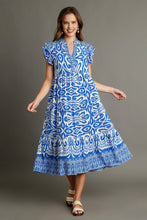 Load image into Gallery viewer, Blue Full Size Two-Tone Print Ruffle Cap Sleeve Midi Dress Plus Size Statement Piece Dress
