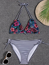 Load image into Gallery viewer, Sunset Bloom 2-Piece Triangle Bikini Set for Women – Vibrant Random Floral Print Halter Neck Swimsuit with Tie-Back Tie-Side Bottoms &amp; High Cut Legs – Women's High-Stretch Swimwear for Summer Beach Escapes
