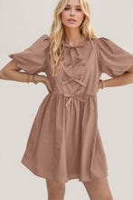 Load image into Gallery viewer, Elegant Ruched Puff Sleeve Mini Dress Vintage Bow Detail Cute Short Dress for Women
