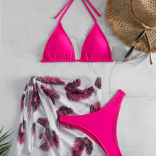 Load image into Gallery viewer, Feather Luxe 3-Piece Bikini Set – Exotic Feather Print Halter Neck Backless Swimsuit with High Cut Tie Back Bottoms and Wrap Cover-Up – Women’s High-Stretch Comfortable Swimwear for Summer Beach &amp; Pool Vacations
