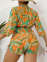 Load image into Gallery viewer, Island Bloom 3-Piece Bikini Set for Women – Tropical Leaf Print Fluttering Swimwear with Flattering Halter Neck Top High Waist Bottoms &amp; Adjustable Drawstring Cover Up – Perfect for Koningsdag Celebrations &amp; Summer Adventures
