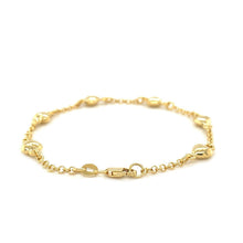 Load image into Gallery viewer, 14k Yellow Gold Rolo Chain Bracelet with Puffed Heart Stations
