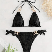 Load image into Gallery viewer, Bikini Ruched Texture Golden Chain 2 Piece Triangle Swimsuit for Women – Striped Halter Bikini Set with Bow Tie Side and Elegant Ring Link Detail – Stretchy Beachwear for Pool Bathing and Summer Vacations
