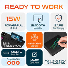 Load image into Gallery viewer, Delton D101 Wireless Charging Mouse Pad with Foldable Phone Stand &amp; Writing Pad, Non-Slip Desk Mouse Mat 15W Wireless Charging Pad Qi Enabled Devices
