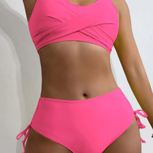 Load image into Gallery viewer, Bikini Twist Front V Neck High Waist 2 Piece Bikini Set for Women – Stretchy Tie Back Swimsuit with Drawstring Lace Up and Comfortable Fit – Trendy Solid Color Swimwear for Beach Days Pool Parties and Summer Vacations
