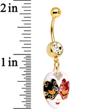 Load image into Gallery viewer, Clear Gem Gold PVD Red Black Heart Masquerade Mask Dangle Belly Ring
