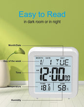 Load image into Gallery viewer, Digital Desktop LCD Snooze Calendar Alarm clock Digital Desktop Clock Electronic Digital Alarm Clocks for Bedroom Home Decor LCD Screen with Time/Calendar/Temperature Display White Bedroom Watch with Thermometer &amp; Hygrometer for Home  Battery Operated
