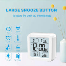 Load image into Gallery viewer, Digital Desktop LCD Snooze Calendar Alarm clock Digital Desktop Clock Electronic Digital Alarm Clocks for Bedroom Home Decor LCD Screen with Time/Calendar/Temperature Display White Bedroom Watch with Thermometer &amp; Hygrometer for Home  Battery Operated
