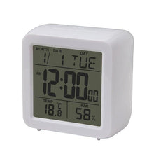 Load image into Gallery viewer, Digital Desktop LCD Snooze Calendar Alarm clock Digital Desktop Clock Electronic Digital Alarm Clocks for Bedroom Home Decor LCD Screen with Time/Calendar/Temperature Display White Bedroom Watch with Thermometer &amp; Hygrometer for Home  Battery Operated
