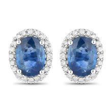 Load image into Gallery viewer, 2.16 Carat Genuine Blue Sapphire and White Diamond 14K White Gold Earrings

