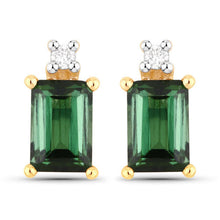 Load image into Gallery viewer, 1.24 Carat Genuine Green Tourmaline and White Diamond 14K Yellow Gold Earrings
