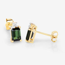 Load image into Gallery viewer, 1.24 Carat Genuine Green Tourmaline and White Diamond 14K Yellow Gold Earrings
