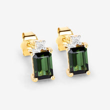 Load image into Gallery viewer, 1.24 Carat Genuine Green Tourmaline and White Diamond 14K Yellow Gold Earrings
