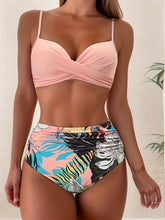 Load image into Gallery viewer, Tropical Vibe High Waist Bikini Set – Flirty V-Neck Swimsuit with Layered Colorblock High Cut Bottom Crisscross Strap Detail &amp; Ultra-Stretch Comfort – Women's Two Piece Swimwear for Summer Beach Pool &amp; Vacation Fun
