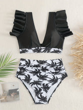 Load image into Gallery viewer, Bikini Black Solid Color Ruffle V Neck 2 Piece Swimsuit for Women – High Waisted Flattering Bikini Set with Lettuce Trim Bottoms – Sleek Stretchy Fabric Swimwear for Beach Days Poolside Style and Summer Vacation Looks
