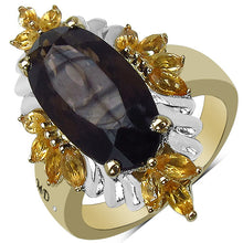 Load image into Gallery viewer, 14K Yellow Gold Plated 7.07 Carat Genuine Smoky Quartz, Citrine &amp; White Diamond .925 Sterling Silver Ring
