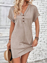 Load image into Gallery viewer, Elegant Button V-Neck Short Sleeve Dress Flattering Casual &amp; Office Wear Simple Dress
