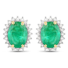 Load image into Gallery viewer, 2.66 Carat Genuine Zambian Emerald and White Diamond 14K Yellow Gold Earrings
