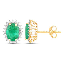 Load image into Gallery viewer, 2.66 Carat Genuine Zambian Emerald and White Diamond 14K Yellow Gold Earrings
