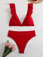 Load image into Gallery viewer, New Elegance Curve V-Neck Bikini Set – Sleek Solid Color High Waist Swimsuit with High-Cut Leg and Delicate Lettuce Trim – Stretch Comfort and Easy-Care Two-Piece Swimwear for Women’s Poolside Style

